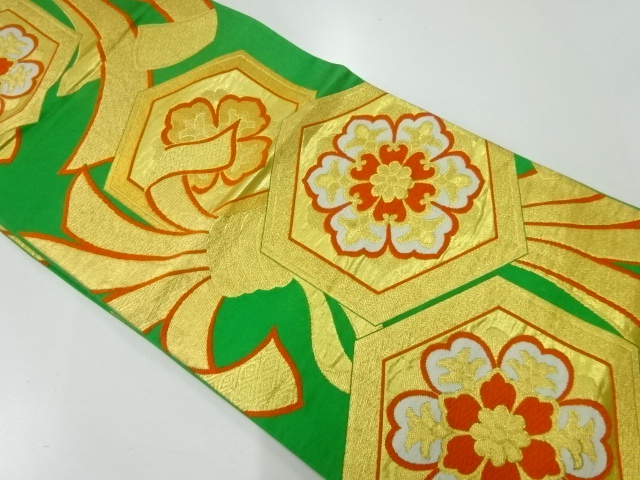 JAPANESE KIMONO / ANITQUE FUKURO OBI / SILK / WOVEN KIKKO & FLOWERS & NOSHI